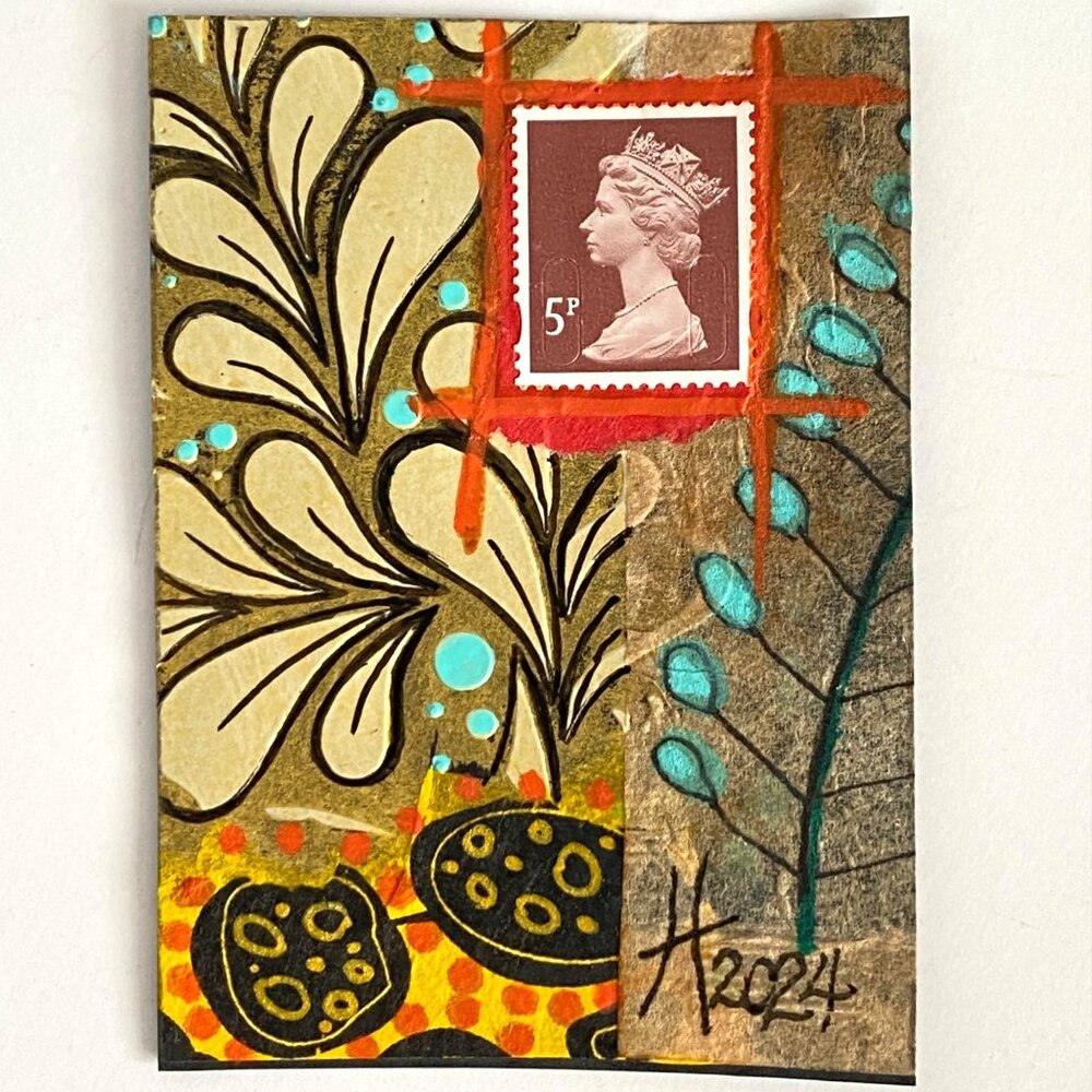 ACEO Original Mixed Media Mini Art UK Postage Stamp Tristina Dietz Elmes ATC